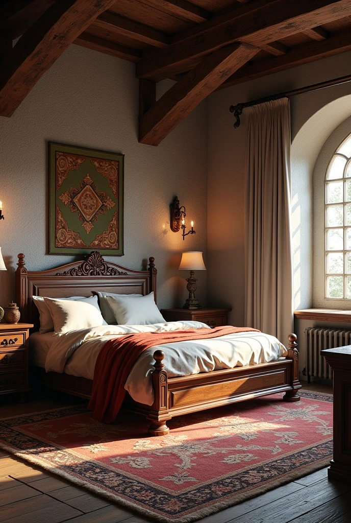 Create a highly realistic 3D rendering of a medieval bedroom game setting. The scene must be horizontal medieval room interior Natural Lighting: Use soft lighting that highlights the textures of stone and wood, creating realistic shadows that add depth to the scene.