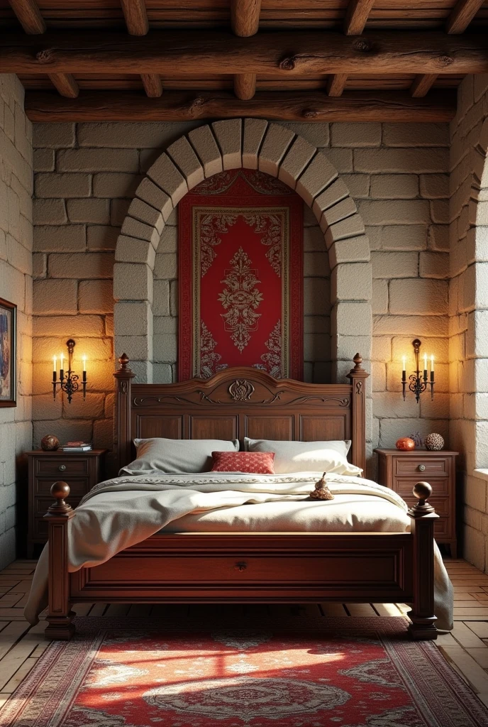 Create a highly realistic 3D rendering of a medieval bedroom game setting. The scene must be horizontal medieval room interior Natural Lighting: Use soft lighting that highlights the textures of stone and wood, creating realistic shadows that add depth to the scene.