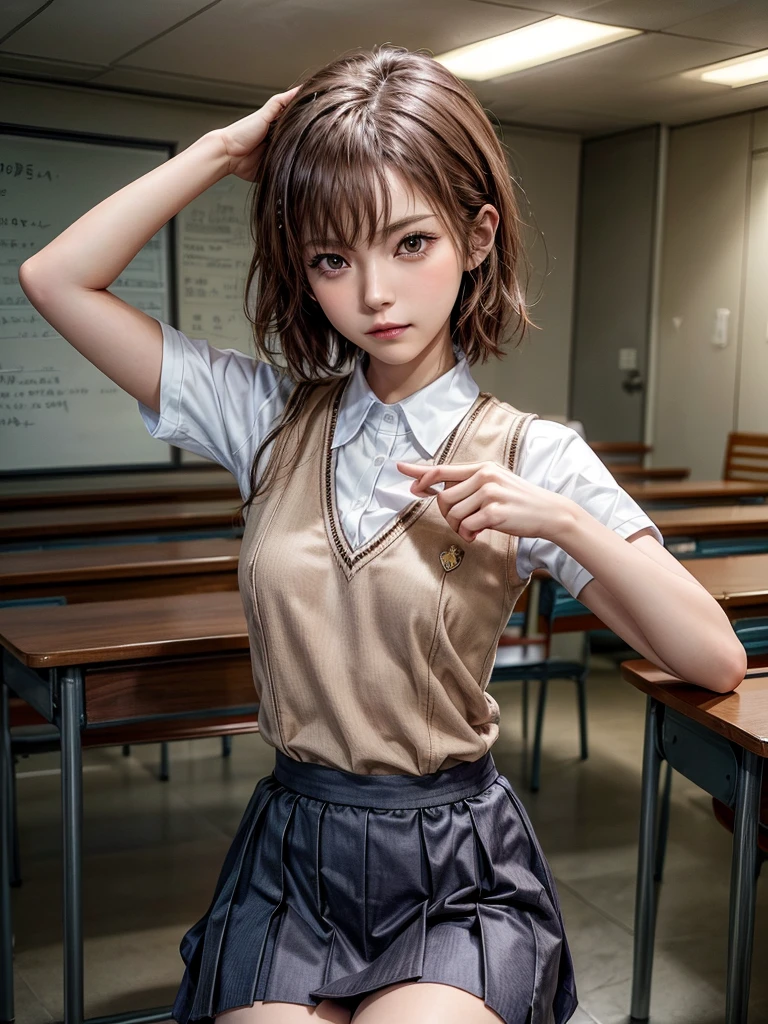 Masterpiece, Top Quality, Top Mikoto, brown eyes, short hair, small breasts, looking at viewer, alone, closed mouth, collared shirt, beige knit vest, dark blue  Skirt, school_uniform, shirt, white_shirt, classroom,Masterpiece, highest quality, 8K, detailed skin texture, fine cloth texture, beautiful detailed face, intricate details, super detailed,cute,cute posing,composition that shows the whole body, brown hair,Pointing a finger like a gun, aiming straight ahead