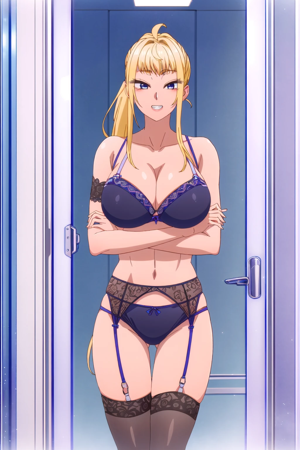 minamifuyuki, Minami Fuyuki, (1girl), Long Hair, Blonde, (紫colorの目:1.1), Ahoge, Side Lock, 笑face, Grin, ((see-through lingerie garter belt black thighhighs)), break indoors, classroom, break looking at viewer, (Cowboy Shot:1.5), break (masterpiece:1.2), Highest quality, High resolution, unity 8k wallpaper, (figure:0.8), (beautiful細部までこだわった目:1.6), 非常に詳細なface, Perfect lighting, Highly detailed CG, (Perfect hands, Perfect Anatomy), (Vibrant_color:1.2),Professional photos, (beautiful_face:1.5),(narrow_Waist),(cowboy shot),seductive smile,(perfect anatomy),((highly detailed beautiful face)), ((slender body, slim arms)), ((big boobs, Cleavage)),((curly ponytail)),(official art:1),(tall person), (nice body)