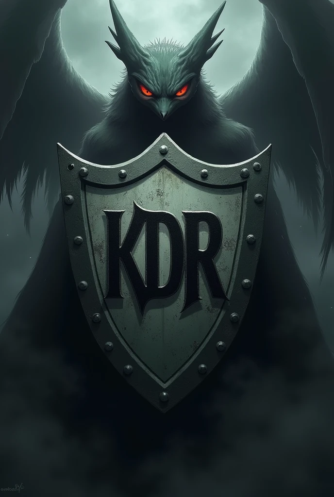 A shield with the word KDR in the center of the shield and a pokemon in the background of the image I want an evil image 