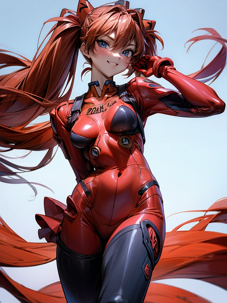Asuka Langley in a provocative pose at a military base. looking at the viewer, smile, twin tails, blush, breasts, masterpiece, The best quality, necessary,