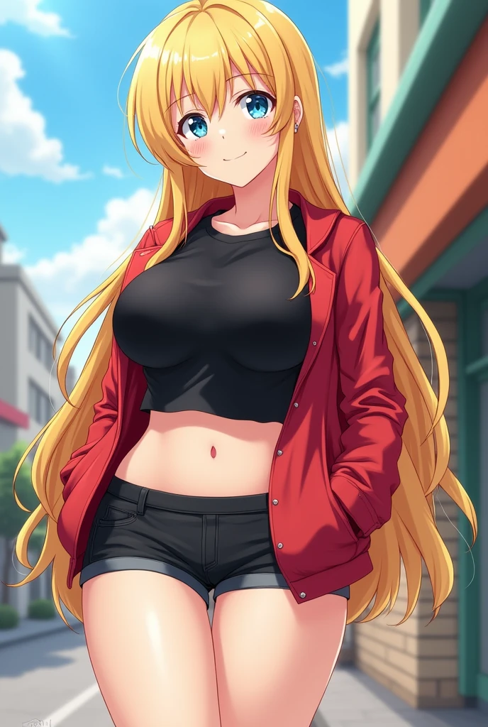 anime girl, in a black shirt and red jacket in half open, in black Flats, black shorts, 1girl, solo, blonde hair, blue eyes, breasts, long hair, navel, smile, large breasts, midriff, looking at viewer, full body, 4k hd, big breasts, legs visible, tall, chubby girl
