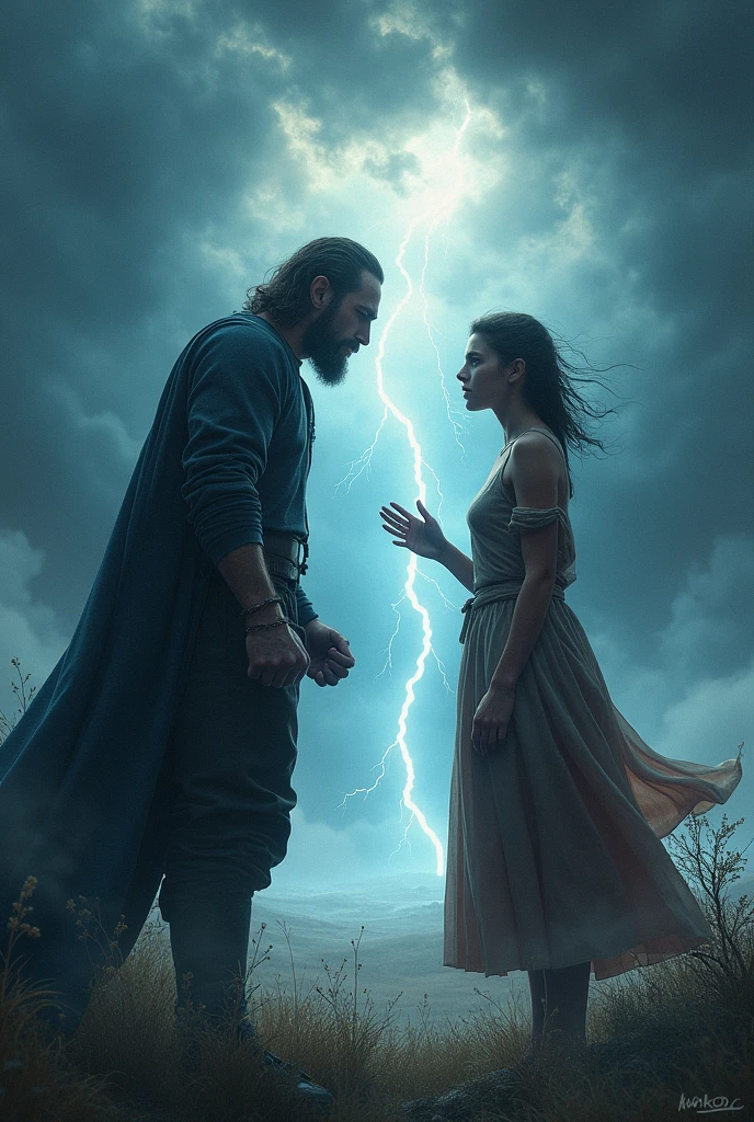 Two characters facing each other, one with clenched fists and the other with open hands in a sign of peace. Around it, a violent storm that begins to dissipate when the character with open hands speaks.