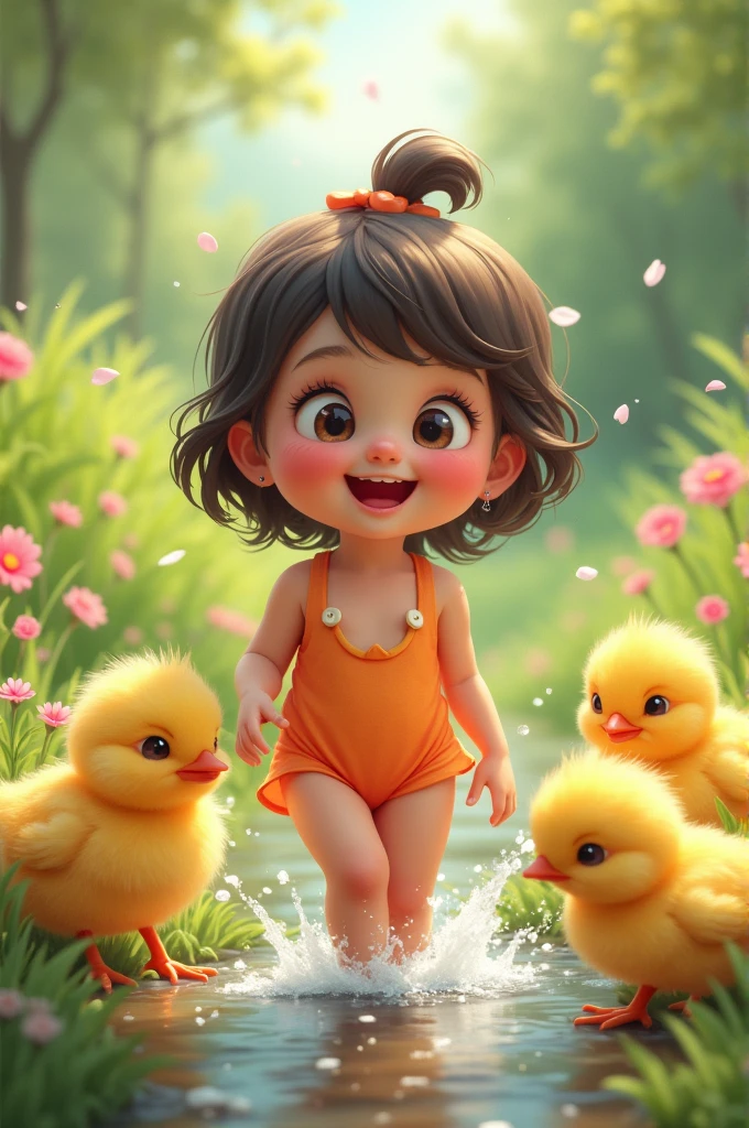 Small girl
with pink chicks in swimsuit