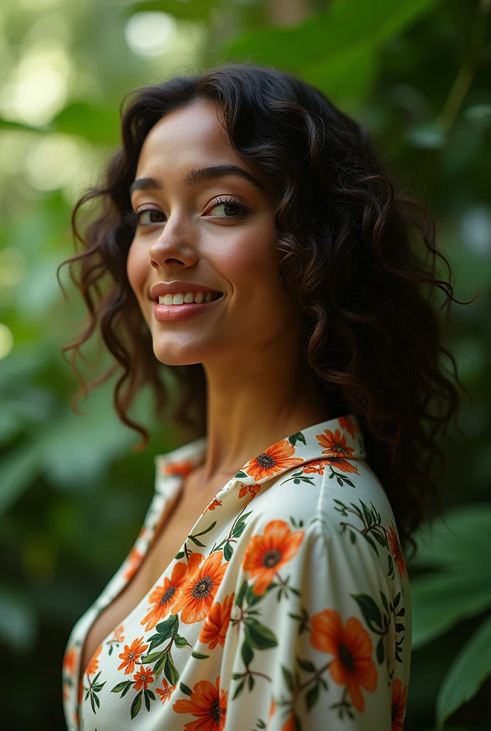 A Brazilian woman in a lush tropical garden, wearing an open shirt with a floral print, with a close-up capturing the harmonious beauty between her and the natural flowers, showing off your natural charm and outgoing personality.