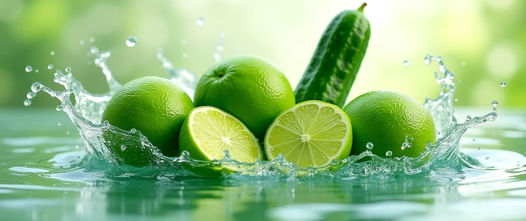 green lime and cucumber splash background,
Natural water that includes cucumber and lime