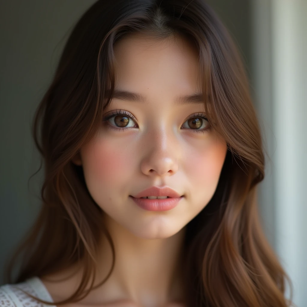 4k image, realistic, young, straight brown hair, brown eyes, delicate face, influencer