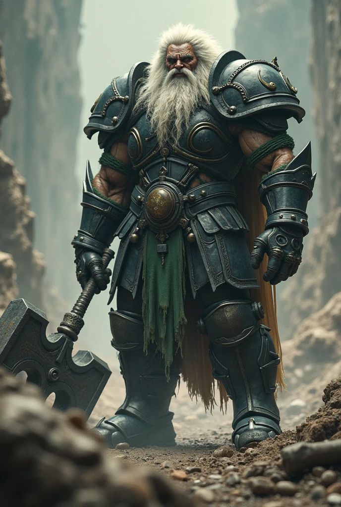 Orc, Full Armor, Terror, realisitic, holding a medieval combat hammer in his hands, post apocalyptic scenario, armor black, few dark green details, grim, Stately, amedontrador, strong warrior, orc king. ultra definition, 真实感, beard and long hair and white all unkempt hair, rey, impoerador Orc