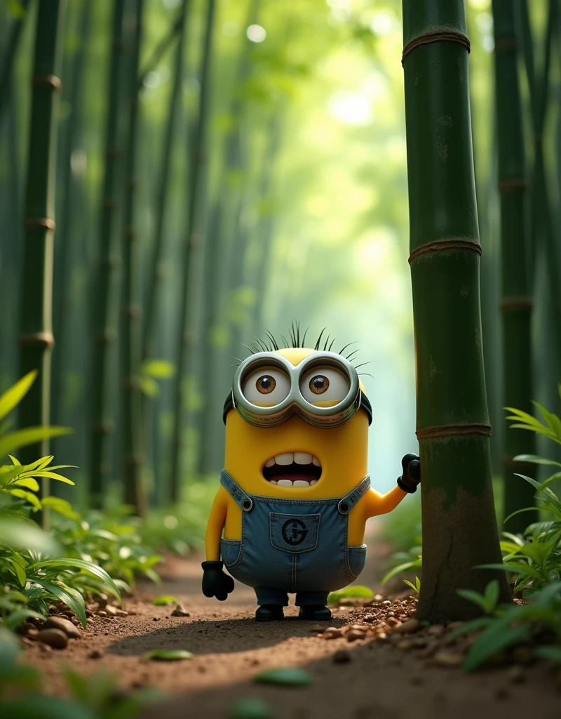 Minion Kevin . Kevin goes to Kyoto to visit the Arashiyama Bamboo Forest. Fascinated by the towering bamboo trees, Kevin decided to climb a bamboo tree., but