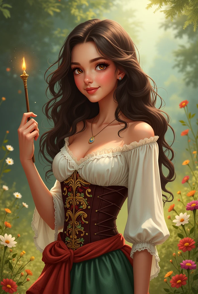 A bard with dark brown long hair and brown eyes. She looks like Lucy Gray. she smiles. She has a simple magic wand in her hand. She is wearing a white blouse, over it a corset embroidered with flowers and a colorful skirt.