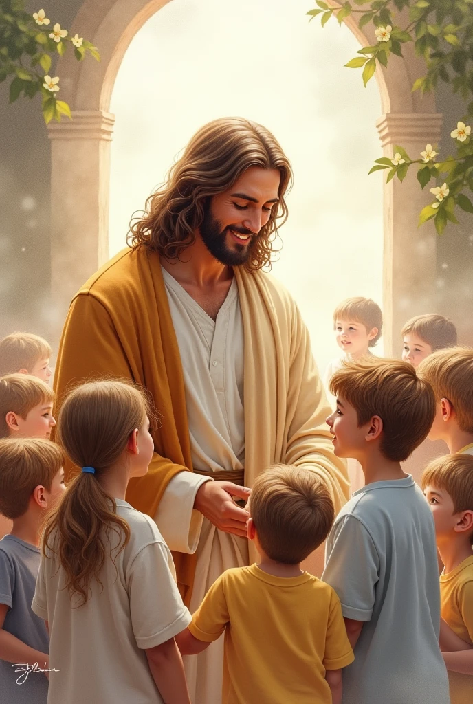 Jesus with children in watercolor