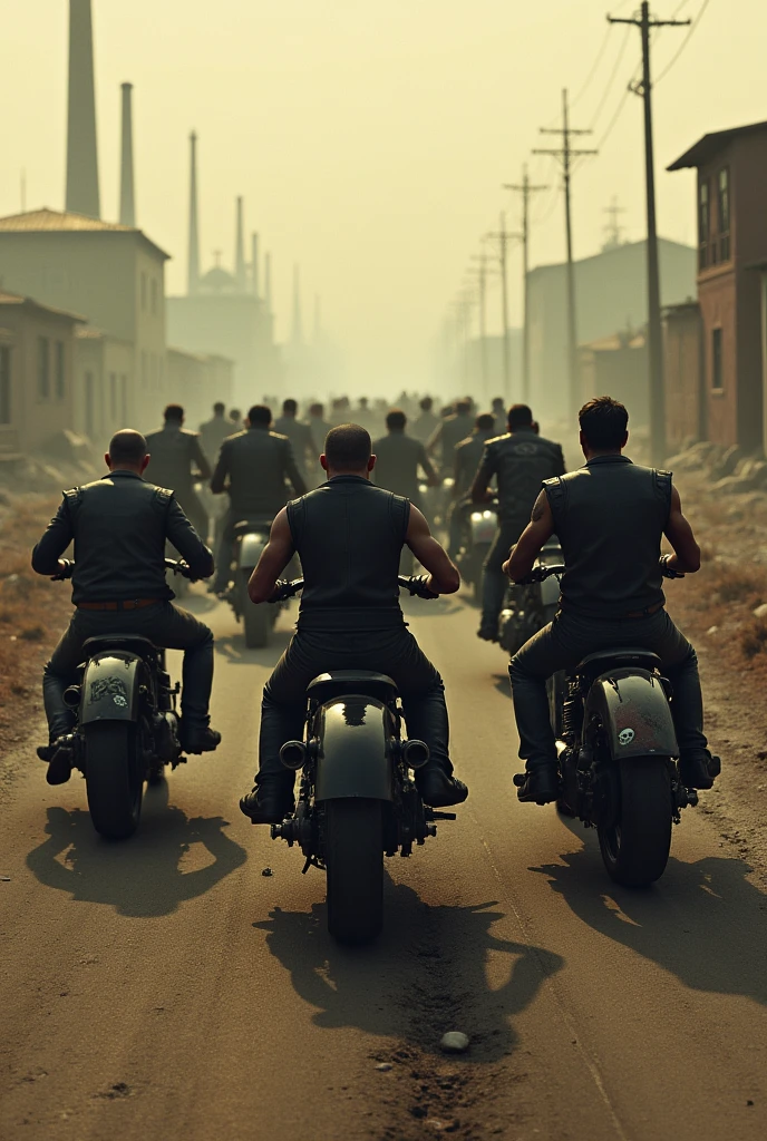 Dozens of motorcycle gangsters ride their motorbikes with their backs to the camera.  