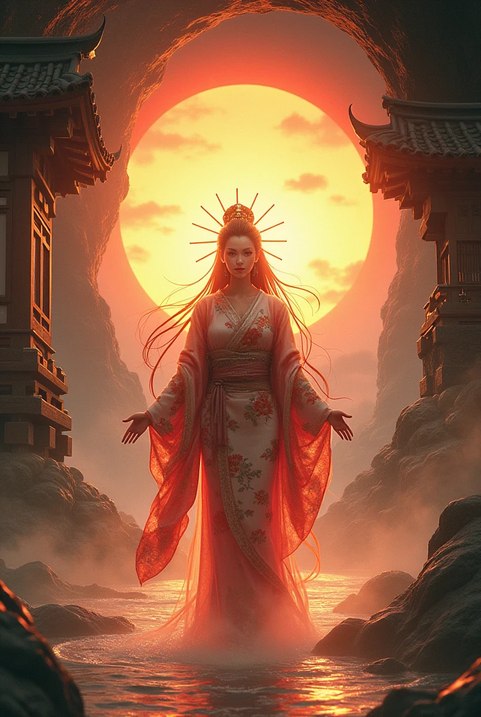 **Amaterasu (Japanese Goddess)**: Depict Amaterasu, the Japanese sun goddess, emerging from a cave, bringing light to the world. She is dressed in a traditional kimono with intricate patterns, her face glowing with divine radiance. The backdrop includes a Shinto shrine and the rising sun. —ar 9:16 —s 1000