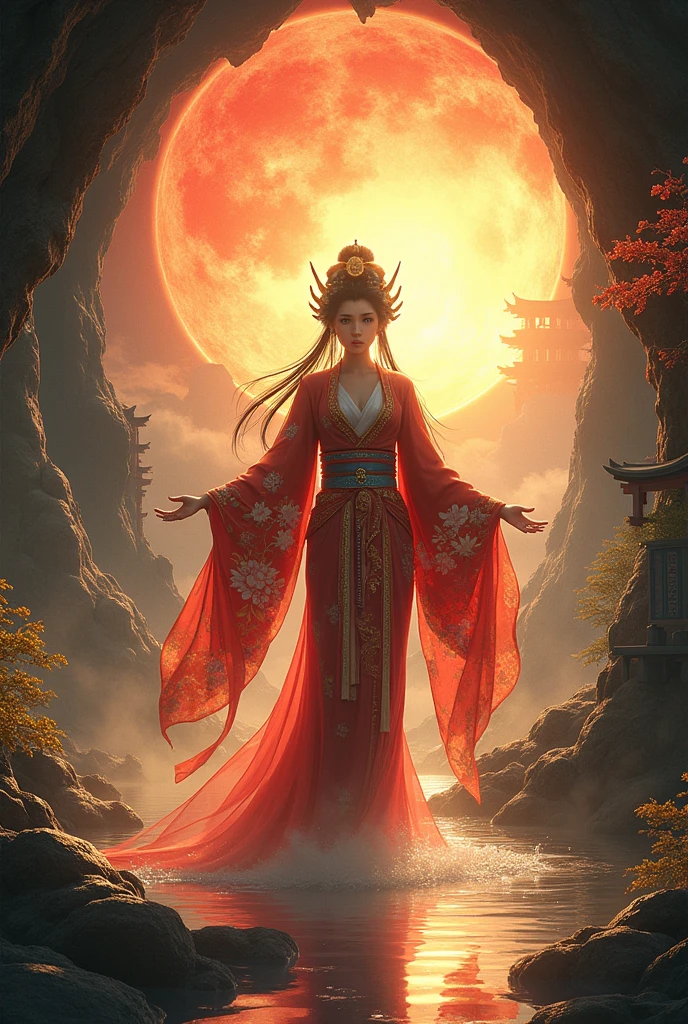 **Amaterasu (Japanese Goddess)**: Depict Amaterasu, the Japanese sun goddess, emerging from a cave, bringing light to the world. She is dressed in a traditional kimono with intricate patterns, her face glowing with divine radiance. The backdrop includes a Shinto shrine and the rising sun. —ar 9:16 —s 1000