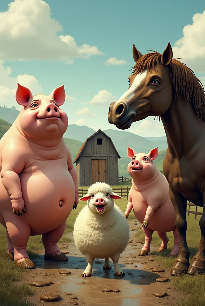 fat pigs, Then horses covered in mud laughing at a nice, clean sheep