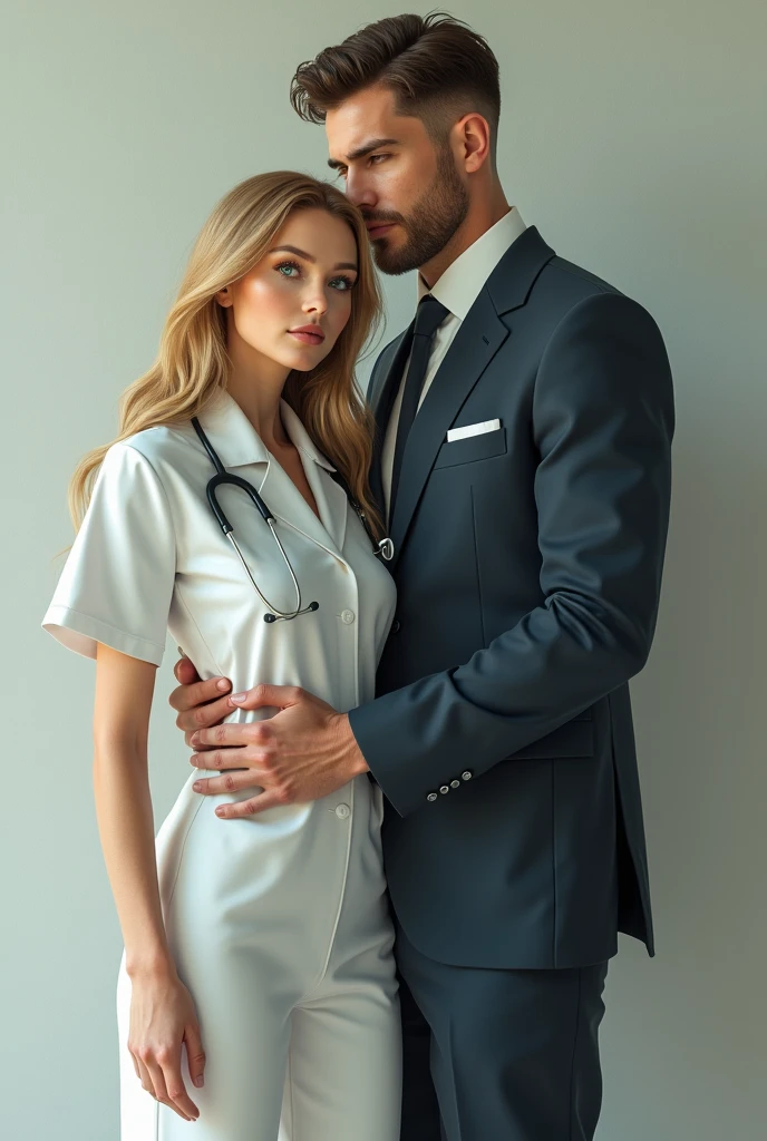 Something intimate yet not overly domestic. A 2 feminine woman with long blonde hair, sea blue eyes, dressed in not-so-feminine clothes, and a 6'2" tall 1 a little bulkier than the older one masculine woman with short boy cut dark brown hair and emerald green eyes in stylish masculine clothes. I want the long haired in hospital doctor uniform and the short haired in a suit