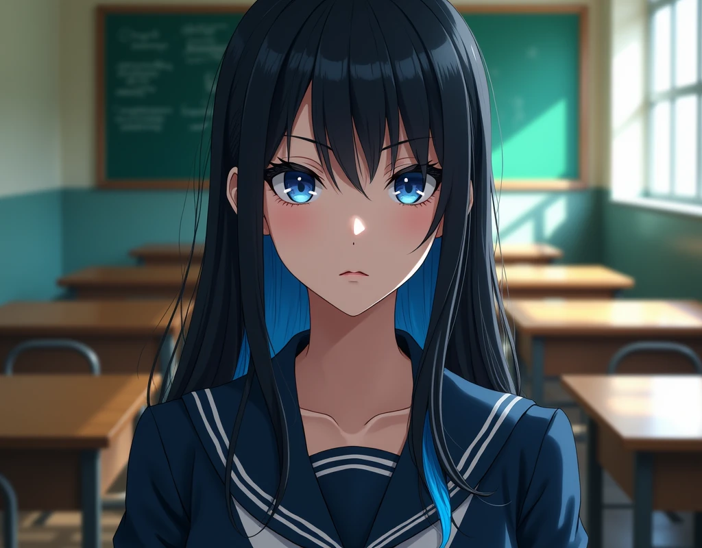A young woman with beautiful blue eyes, detailed makeup, wearing a BNHA uniform, black hair with blue highlights, serious expression, BNHA classroom 1-A background, (best quality,4k,8k,highres,masterpiece:1.2),ultra-detailed,(realistic,photorealistic,photo-realistic:1.37),intricate details,cinematic lighting,dynamic composition,vibrant colors,digital painting