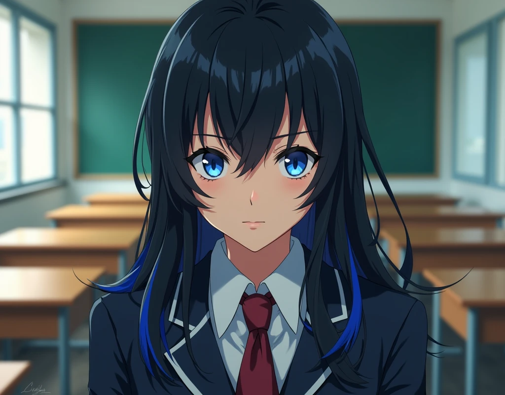 A young woman with beautiful blue eyes, detailed makeup, wearing a BNHA uniform, black hair with blue highlights, serious expression, BNHA classroom 1-A background, (best quality,4k,8k,highres,masterpiece:1.2),ultra-detailed,(realistic,photorealistic,photo-realistic:1.37),intricate details,cinematic lighting,dynamic composition,vibrant colors,digital painting