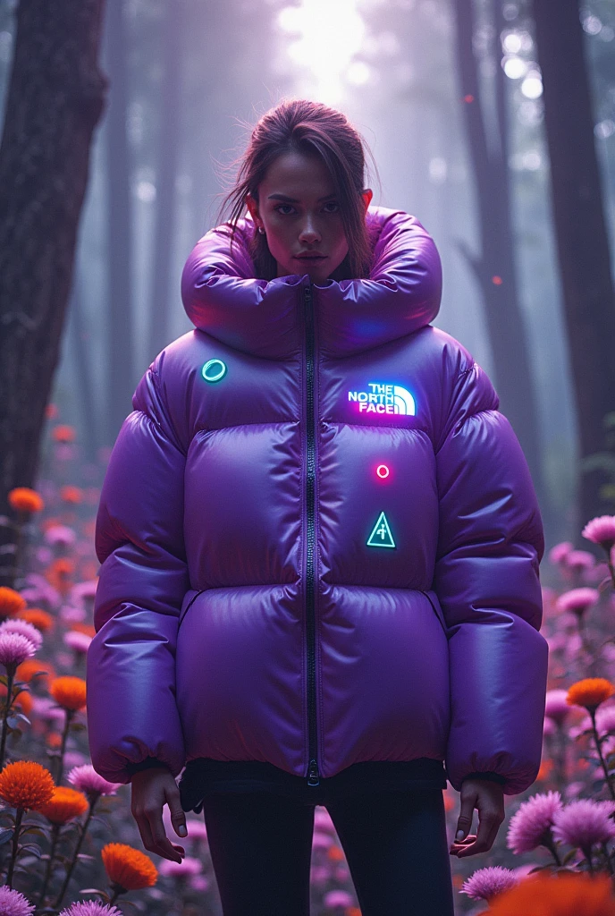 Here's the prompt summarized and missing the template:
"Create a fashion ad with an urban, futuristic and natural aesthetic, highlighting an exclusive collaboration between The North Face and Nike. The image should focus on a bulky puffer jacket in a shade of metallic purple, with a soft sheen that enhances its quilted texture. Details of the jacket include the Nike logo on the right shoulder and the The North Face logo on the left chest, as well as small neon symbols such as a green smiley and a stylized target sight.
The background should feature a dense and gloomy forest, with tall trees and deep shadows, creating an atmosphere of mystery. Add a purple-toned gradient and white graphite elements to create movement and energy. Scatter vibrant colorful flowers all around, blending in with the forest scenery.
The lighting should be soft, highlighting the details of the jacket and penetrating through the trees, creating rays of light that illuminate the flowers. The overall mood of the image should