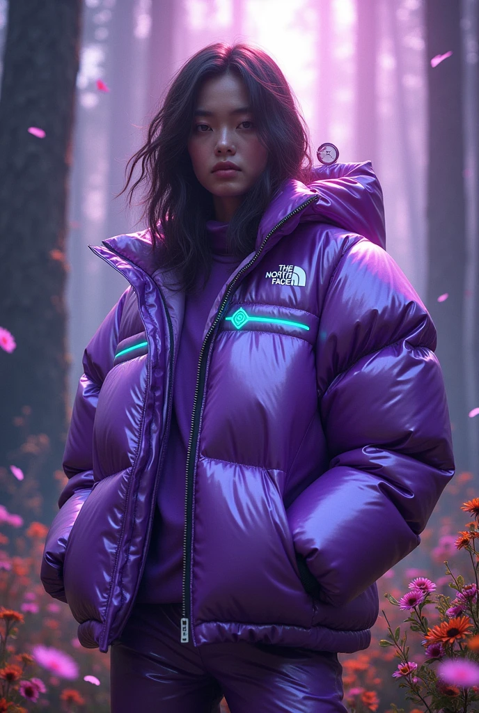 Here's the prompt summarized and missing the template:

"Create a fashion ad with an urban, futuristic and natural aesthetic, highlighting an exclusive collaboration between The North Face and Nike. The image should focus on a bulky puffer jacket in a shade of metallic purple, with a soft sheen that enhances its quilted texture. Details of the jacket include the Nike logo on the right shoulder and the The North Face logo on the left chest, as well as small neon symbols such as a green smiley and a stylized target sight.

The background should feature a dense and gloomy forest, with tall trees and deep shadows, creating an atmosphere of mystery. Add a purple-toned gradient and white graphite elements to create movement and energy. Scatter vibrant colorful flowers all around, blending in with the forest scenery.

The lighting should be soft, highlighting the details of the jacket and penetrating through the trees, creating rays of light that illuminate the flowers. The overall mood of the image should 