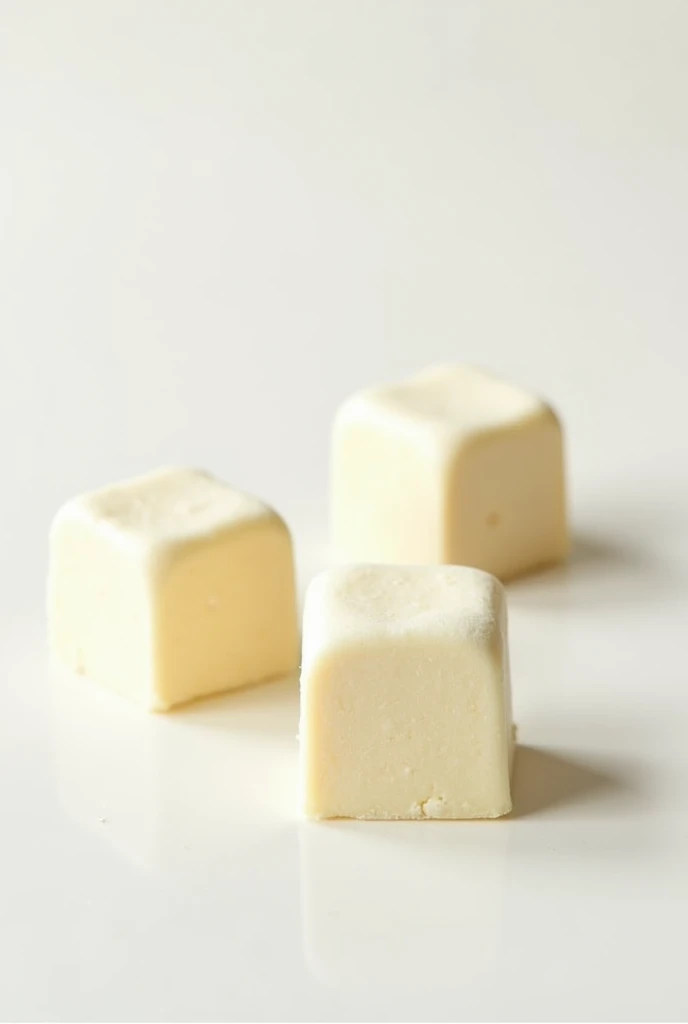 Cube shaped white Chocolate flavour marshmallows in a white background 