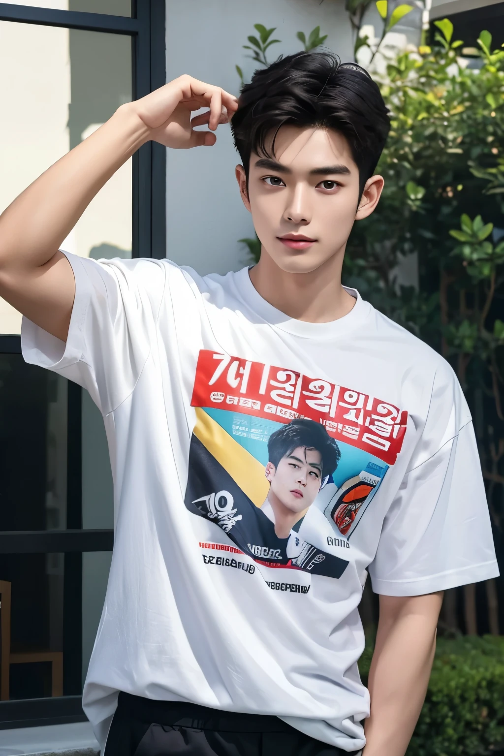 masterpiece, Best quality, realistic, a handsome Thai-Korean guy, aged 20-25, dressed in a fashion t-shirt, wearing a prominently visible wristwatch. The wristwatch adds a touch of sophistication to his overall look