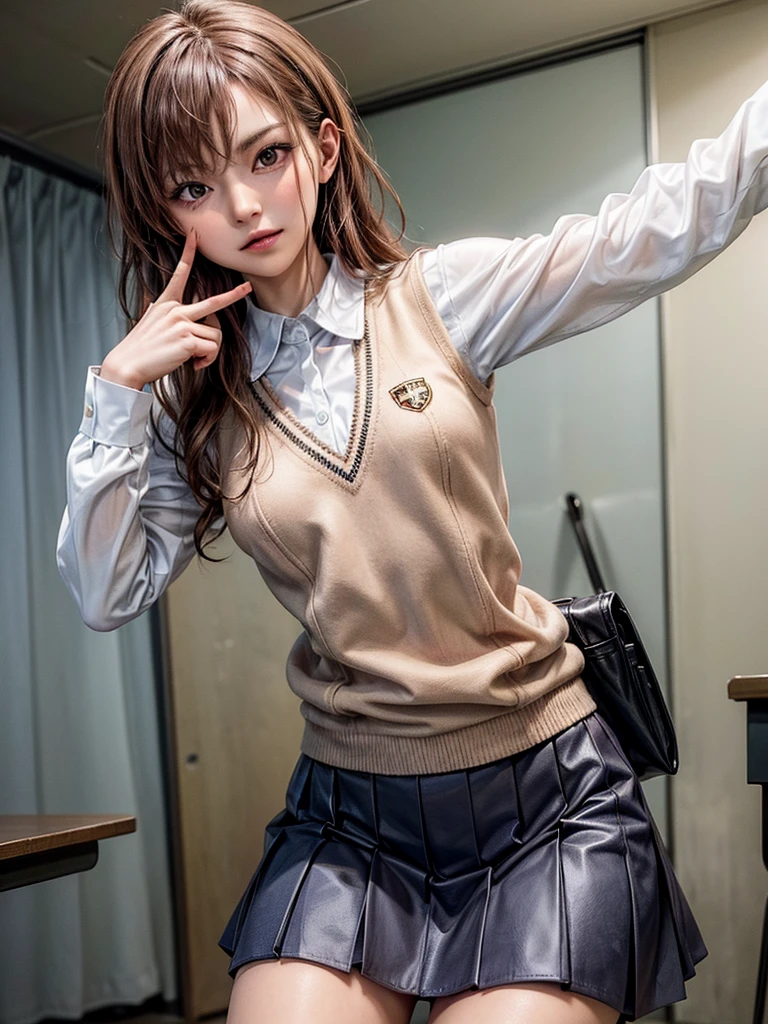 Masterpiece, Top Quality, Top Mikoto, brown eyes, short hair, small breasts, looking at viewer, alone, closed mouth, collared shirt, beige knit vest, dark blue Skirt, school_uniform, shirt, white_shirt, classroom,Masterpiece, highest quality, 8K, detailed skin texture, fine cloth texture, beautiful detailed face, intricate details, super detailed,cute,cute posing,composition that shows the whole body, brown hair,Pointing a finger like a gun, aiming straight ahead, hand sign