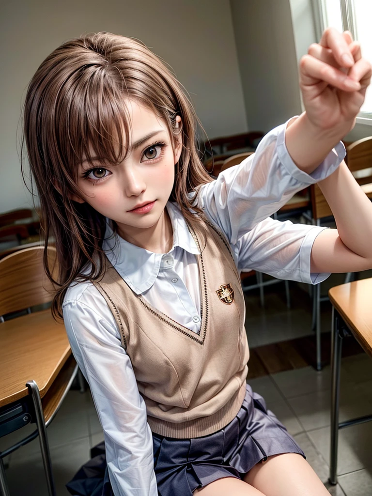 Masterpiece, Top Quality, Top Mikoto, brown eyes, short hair, small breasts, looking at viewer, alone, closed mouth, collared shirt, beige knit vest, dark blue Skirt, school_uniform, shirt, white_shirt, classroom,Masterpiece, highest quality, 8K, detailed skin texture, fine cloth texture, beautiful detailed face, intricate details, super detailed,cute,cute posing,composition that shows the whole body, brown hair,Pointing a finger like a gun, aiming straight ahead, hand sign