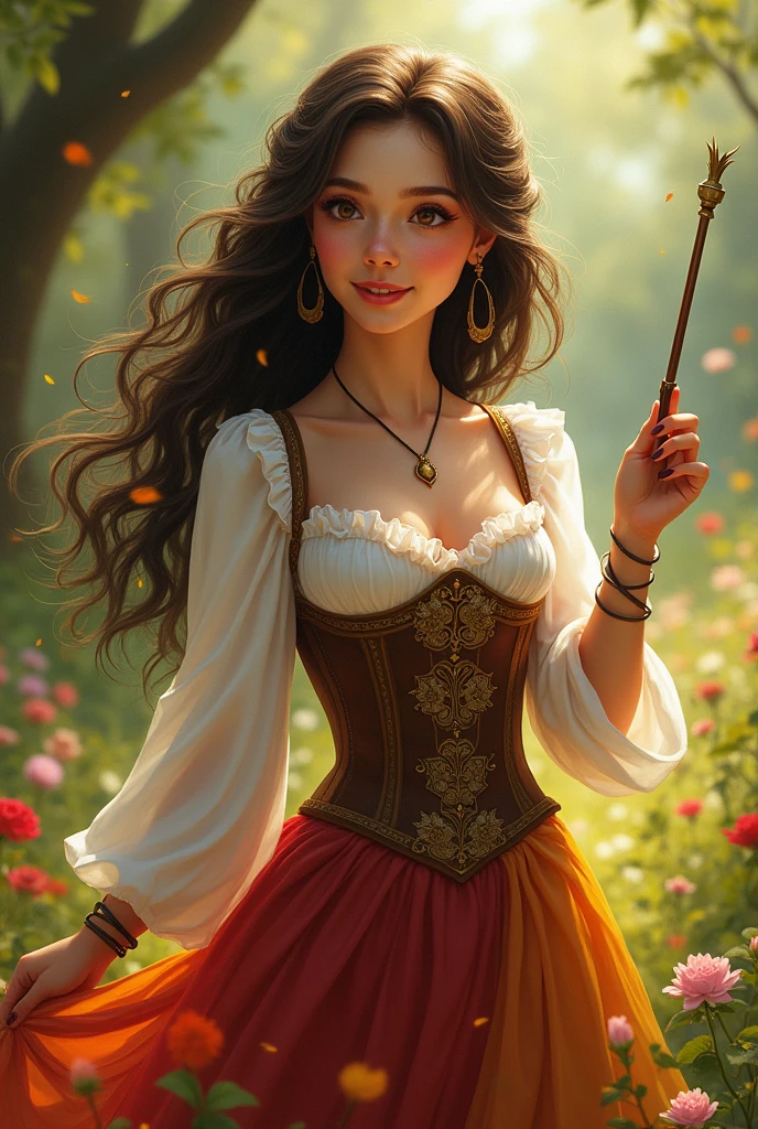 A bard with dark brown long hair and brown eyes. She looks like Lucy Gray. she smiles. She has a simple magic wand in her hand. She is wearing a white blouse, over it a corset embroidered with flowers and a colorful skirt.