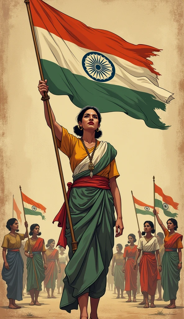 "A vintage-style illustration of Bhikaji Cama of age 25holding a flag, with key symbols of revolution and women’s empowerment surrounding her." Historical images looks