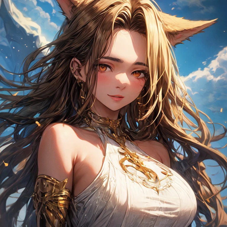 Beautiful werewolf girl with long golden hair, Brown eyes, big breasts, uhd, textured skin, super detail, high details, high quality,
