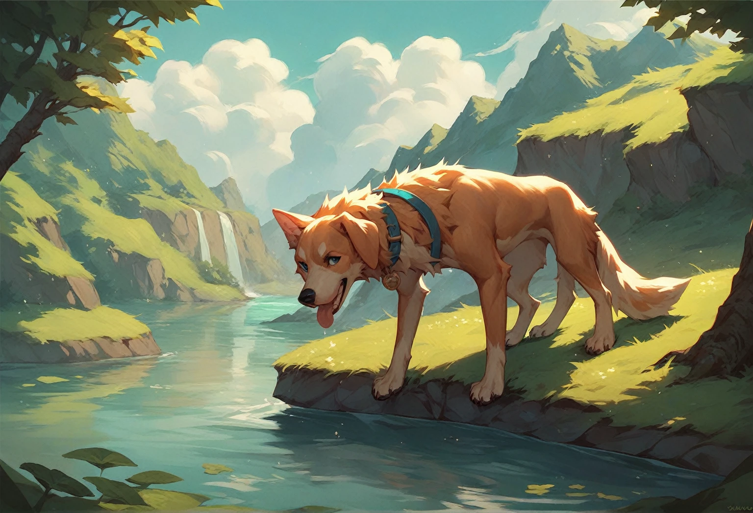 Cartoon character dog stanging in a river