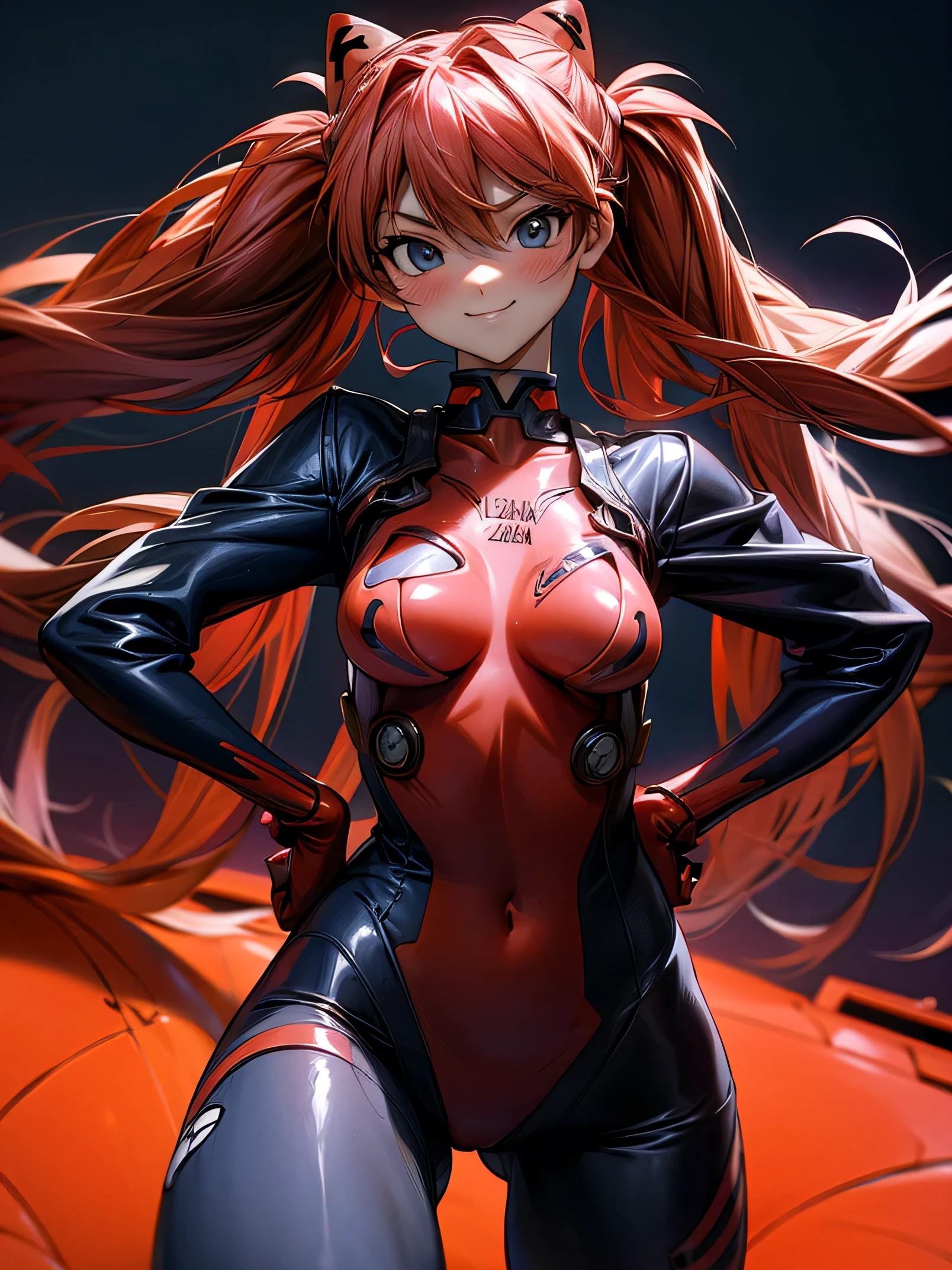 Asuka Langley in a provocative pose at a military base. looking at the viewer, smile, twin tails, blush, breasts, masterpiece, The best quality, necessary, 
