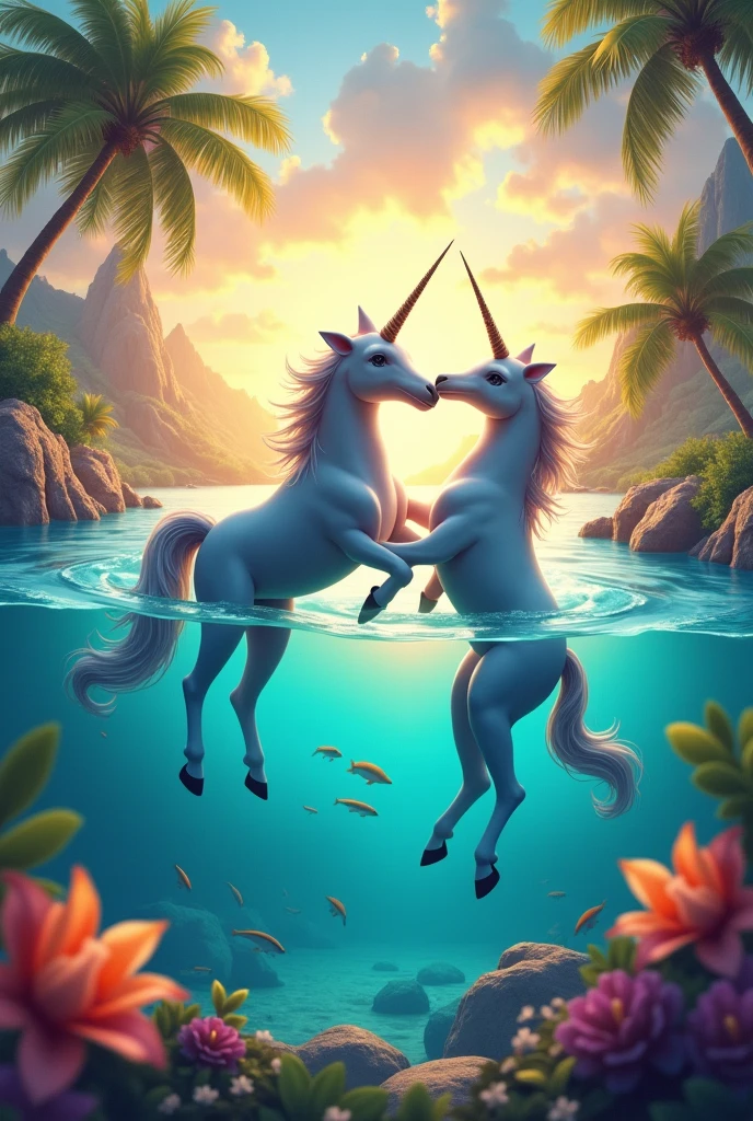 dolphin with a unicorn in paradise