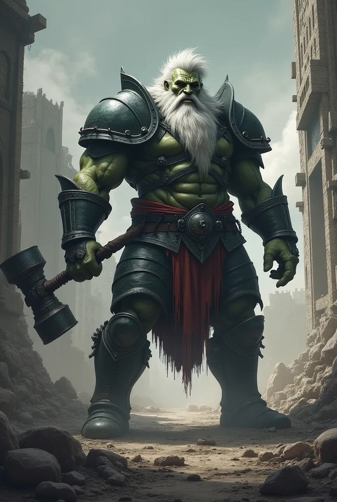 Orc, Full Armor, Terror, realisitic, holding a medieval combat hammer in his hands, post apocalyptic scenario, armor black, few dark green details, grim, Stately, amedontrador, strong warrior, orc king. ultra definition, 真实感, long beard and white hair all unkempt, rey, impoerador Orc
