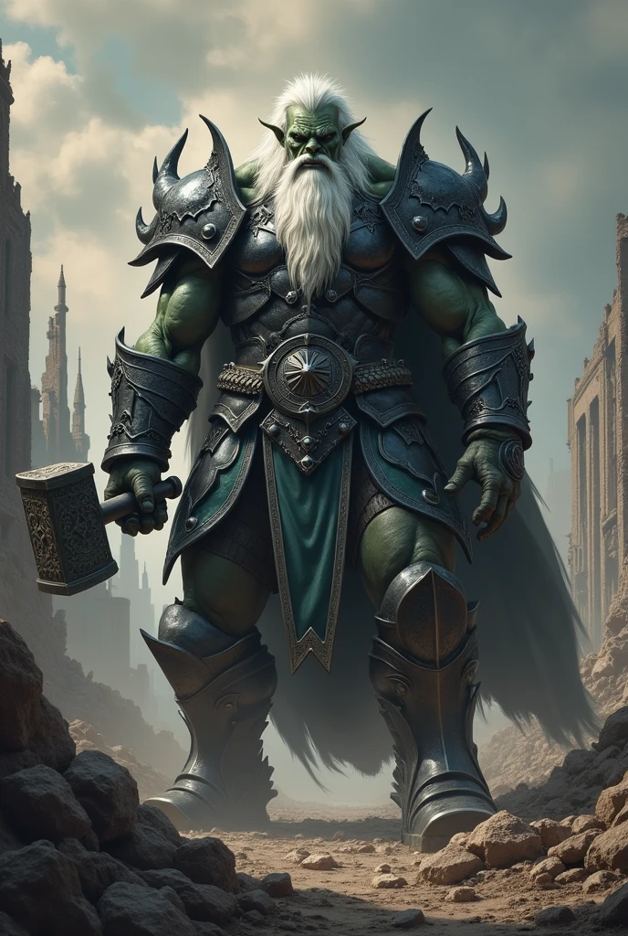 Orc, Full Armor, Terror, realisitic, holding a medieval combat hammer in his hands, post apocalyptic scenario, armor black, few dark green details, grim, Stately, amedontrador, strong warrior, orc king. ultra definition, 真实感, long beard and white hair all unkempt, rey, impoerador Orc
