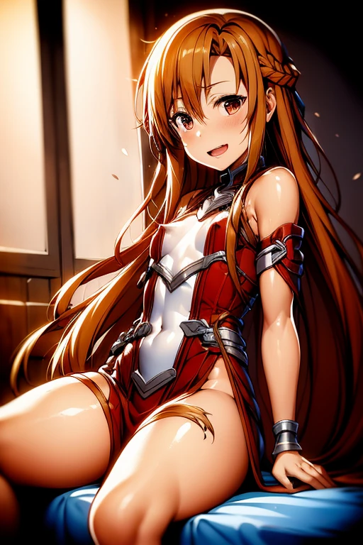 ((Highest quality)), ((masterpiece)), (be familiar with), Perfect Face, indoor, Bedroom, Watching the audience,
One woman, Yuuki Asuna,
Open Mouth, Ecstatic expression, blush, smile,
Small breasts, Flat Chest, , , , Girl,
Long Hair, Long Hair,
Fully nude, Nipples exposed, Sex with a man with a big dick, 膣内ejaculation, Semen is taken, Insert a into your, Sex in the missionary position, , Leg spread,