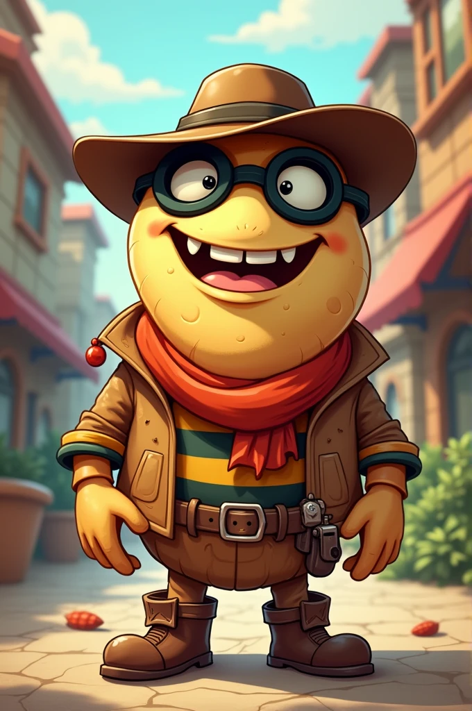 A cashew with bandit clothes and a face (style cartoon)