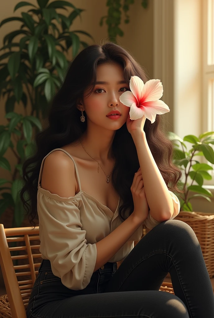 (photorealism:1.2), beautiful Sri Lankan girl ,wearing korean top , doesn't open her body,covering her face by beautiful flower,black jean,long curly hair, indoors, soft lighting, plants in background, window with sunlight, cozy room, relaxed pose, realistic, intricate details, BTS Kimseokjin near her, warm colors,