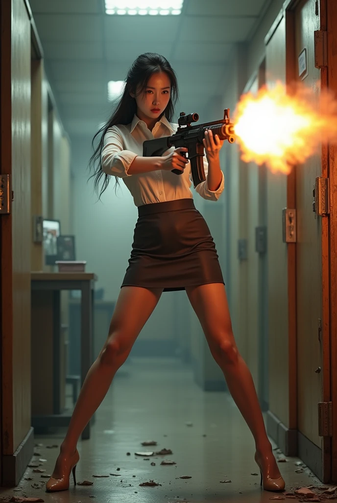 beautiful chinese office lady white shirt tight mini skirt realistic machine gun toting toting hip firing real person legs apart standing rampage shooting side target facing


