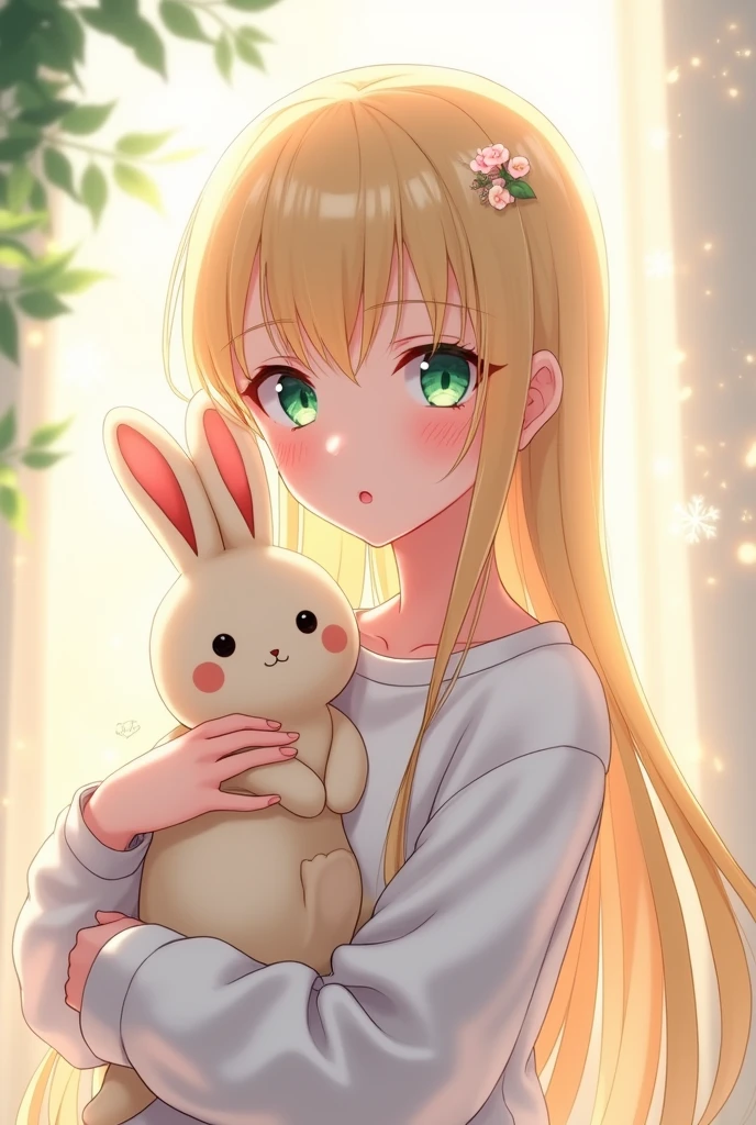A girl in anime form, green eyes, blonde hair, with a rabbit plush in her hand, long straight blonde hair, wearing a white sweatshirt that makes the image shine a lot and that has a pink flower in her hair, pale skin, that the place is shiny