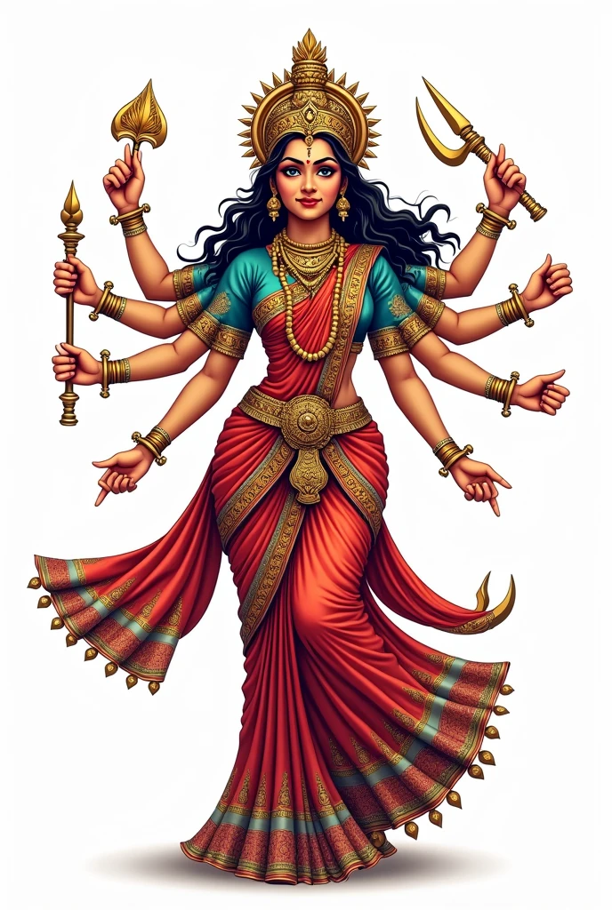 Maa Durga with manipuri saari beautiful design for t shirt, white  background, vector image, 
