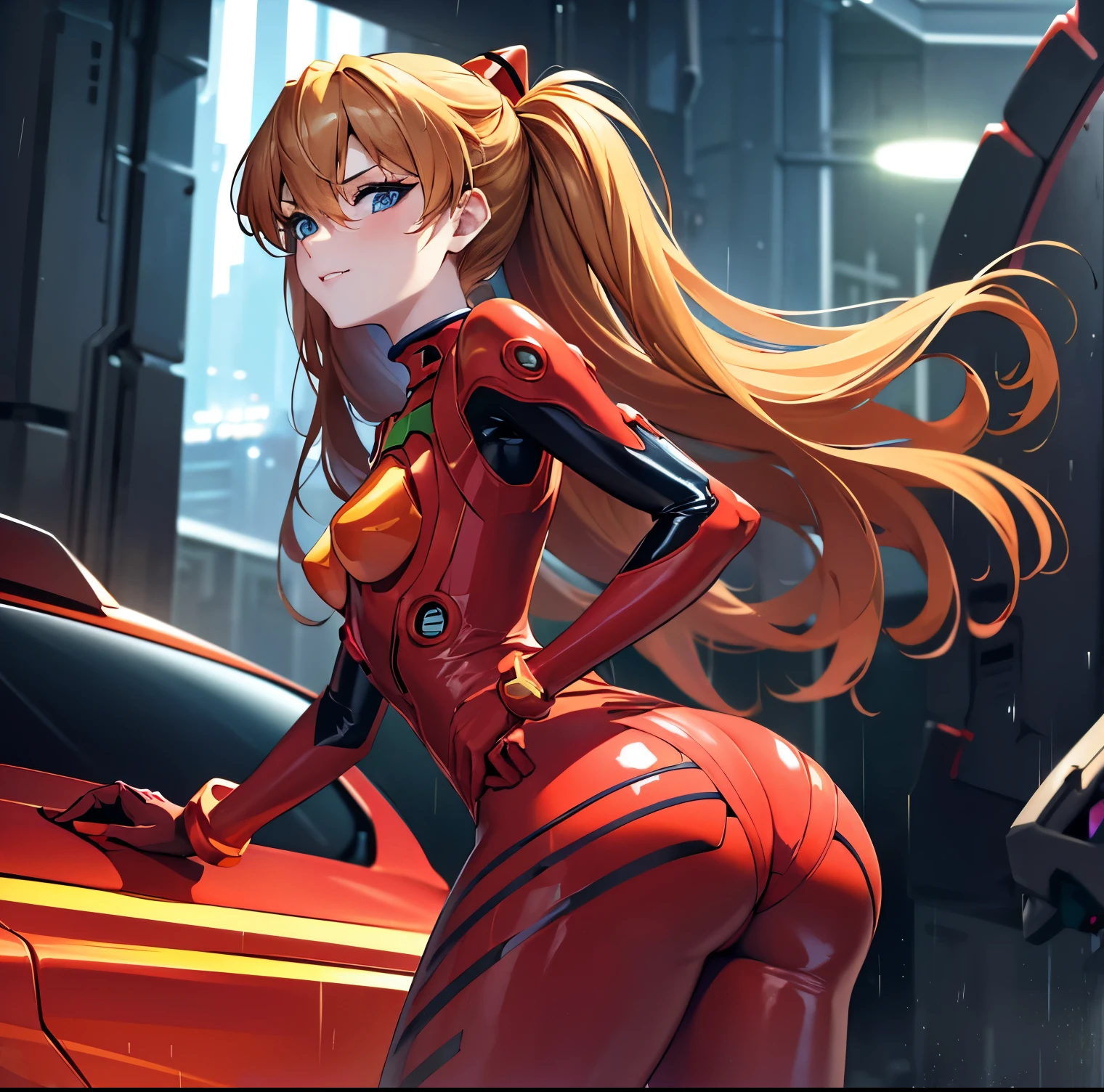 ((1girl)),((alone)),Asuka Langley,(masterpiece), (best quality), (ultra detailed), (best illustration), (best shadow), (absurdities), sharp focus, cowboy shot , dynamic posture looking at the viewer, small breasts, narrow waist, wide hips, wide thighs, round butt, erotic, romantic, (very detailed eyes, lips 1.1), very detailed eyes, eyes, Very detailed face, Very beautiful face, height full, beautiful slim figure, femininity, expressive appearance, elastic small breasts, sexuality, 2, orange hair, medium hair, perfect proportions, (Asuka Langley, plug-in suit 02:1.2)), ((Blue eyes, beautiful face, eyes beautiful))), moist eyes, bright eyes, thin face, thin lips, narrow eyes, thin pale eyebrows, long eyelashes, long lower eyelashes, model taking a pose with hands on hips, sullen look, (Shine Red High -Gloss Suit: 1.1), Dark red bodysuit that shines like a mirror (dark red rubber suit with strong metallic shine and smooth surface), (Large connection terminals under the chest of precision circles: light metallic and silver: 1.3 )), Precision circular Metal shoulder and silver large connection terminals: 1.1, light metallic green part of the shoulder blade, beautiful female hands wearing tight-fitting red latex gloves (black tie latex with a strong metallic shine on the inside of the arm), two simple black wide latex from thighs to buttocks, (full body composition standing in model pose with realistic details: 1.1), accurate simulation of light-matter interactions, defined body, perfect and beautiful body, perfect and beautiful, closed mouth, smile, seductive smile, blushing, (sexy pose: 1.2), ((solo)), standing: 1.3, outdoor, cyberpunk cityscape, streets, city, lights neon, city lights, rain, night, looking back, from behind, ((focus on ass)), point of view: (from below), red blush, perfect anatomy, perfect hands