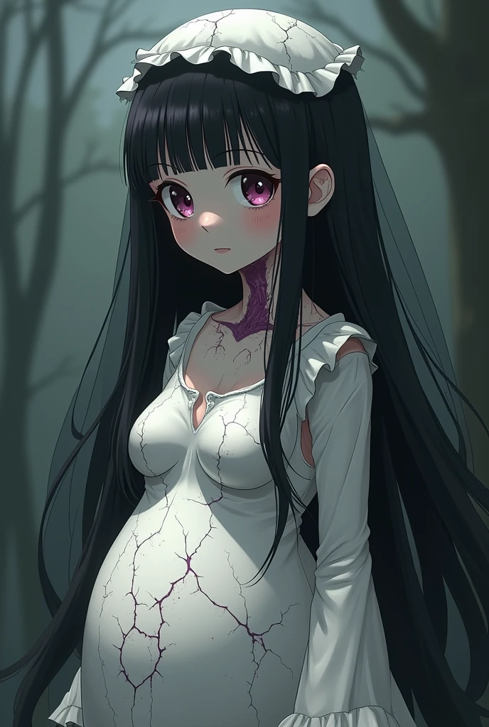 Create a anime Overlord OC that's and plump Marionette with a porcelain shell that feels cool to the touch. Some areas of her body look delicate and cracked, showing off purplish flesh that squirm beneath her body. Has Long hair with bangs that droop on the right side. Wears a black veil complemented by a white under veil that rests upon head, harmonizing with the white coif. Her attire consists of a black dress, layered with a white scapular draped over it. Standing 5'1"ft.
