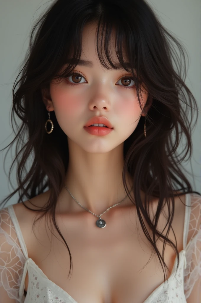 Photorealism cute feminine white woman with dark hair and brown eyes