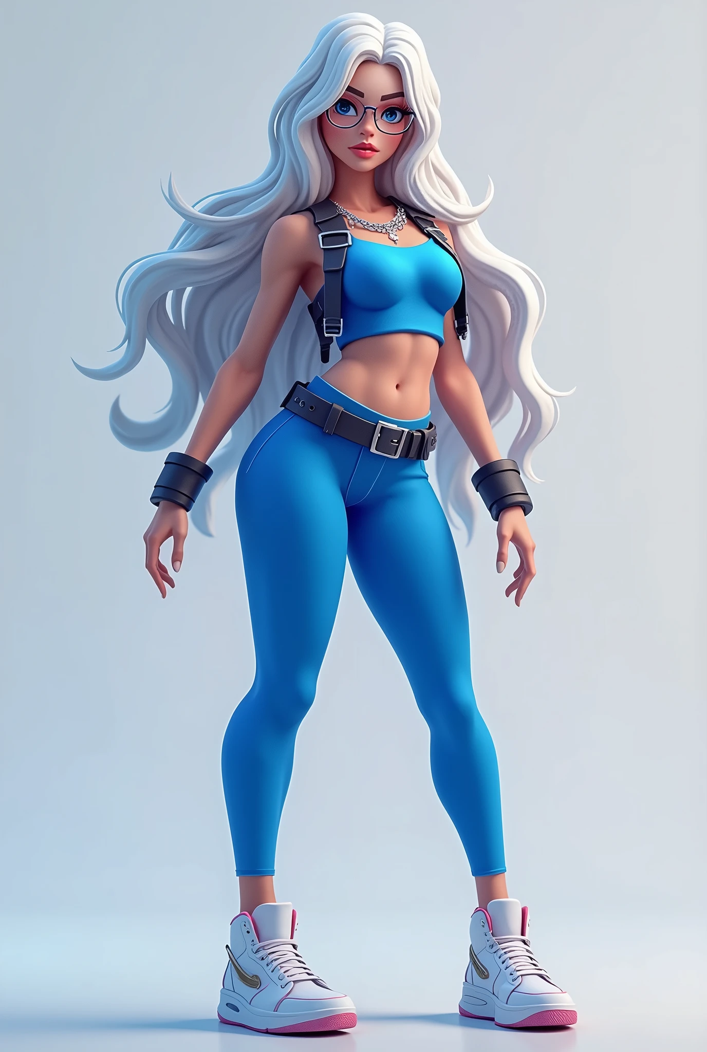 fortnite style girl, long white hair, Broad Hips, blue colored eyes, Wearing allstar sneakers, glasses, top azul cobalto sexy legging preta justa, fully body
