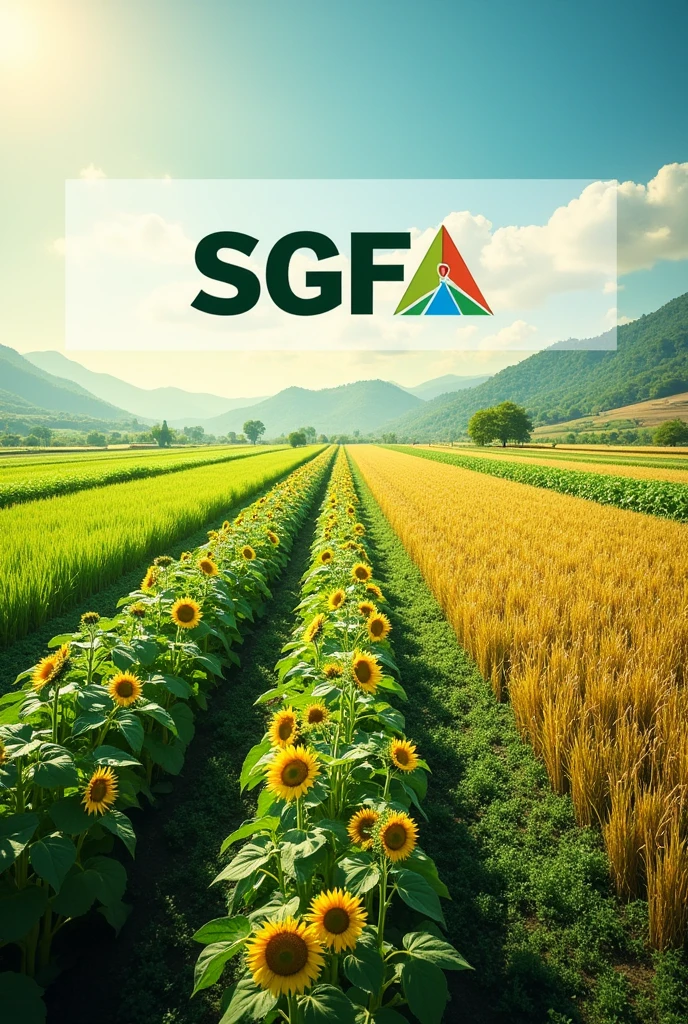 Real image of agricultural fields for financing system for agricultural producers must include logo with initials SGFA and collage of images of crops (often, Sunflower, rice, sugar cane,cotton)