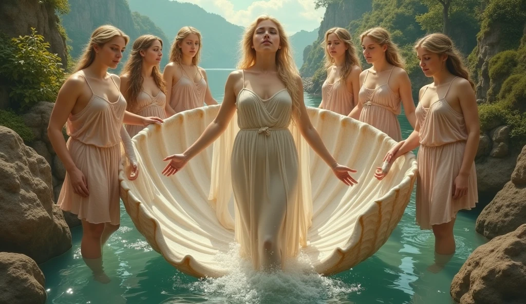 Majestic birth of Venus scene, ethereal woman emerging from a seashell, surrounded by other women in a lush landscape, classical birth of Venus depiction, Sandro Botticelli-inspired masterpiece, Botticelli style with a modern twist, intricate details reminiscent of Botticelli's artistry, graceful figures in a harmonious composition, soft pastel colors, flowing garments, delicate facial features, mythological setting, enchanting and dreamlike atmosphere, expertly crafted by a contemporary artist, art gallery showcase.