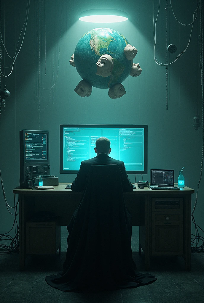 Create an image of the government in the form of a person, with a non-connecting globe of heads sitting in front of a computer with a giant screen, monitoring every person in the world, in a secret setting.
